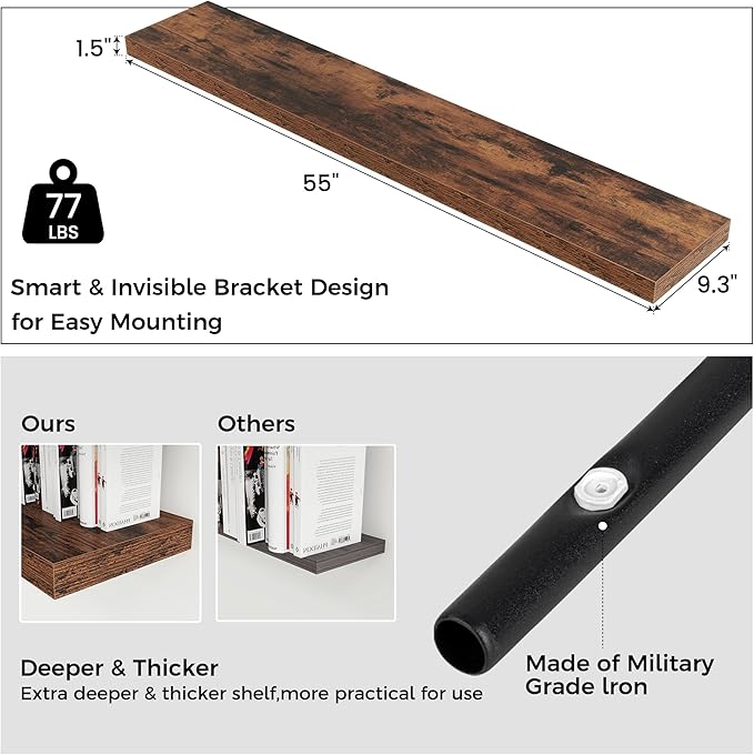 Floating Shelves for Wall, Large Wall Mounted Shelves with Invisible Brackets, Long Wood Floating Shelf for Living Room, Bedroom, Kitchen, (Brown, 55" W x 9" D x 1.5" H)-Ruum Studio Home