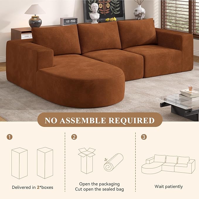 Modular Sectional Sofa with L-Shape Chaise,Cloud Sectional Modern Sleeper Couch with Deep Seat,Sponge Compression Sofas No Assembly Required (Brown-Corduroy Fabric) 1PCS-Ruum Studio Home