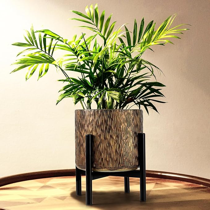Harvest Land Plant Pots with Stand, Set of 2 Large Modern Planters Metal Tall Handmade Flower Pots with Drainage Holes Indoor Outdoor,Bronze-Ruum Studio Home