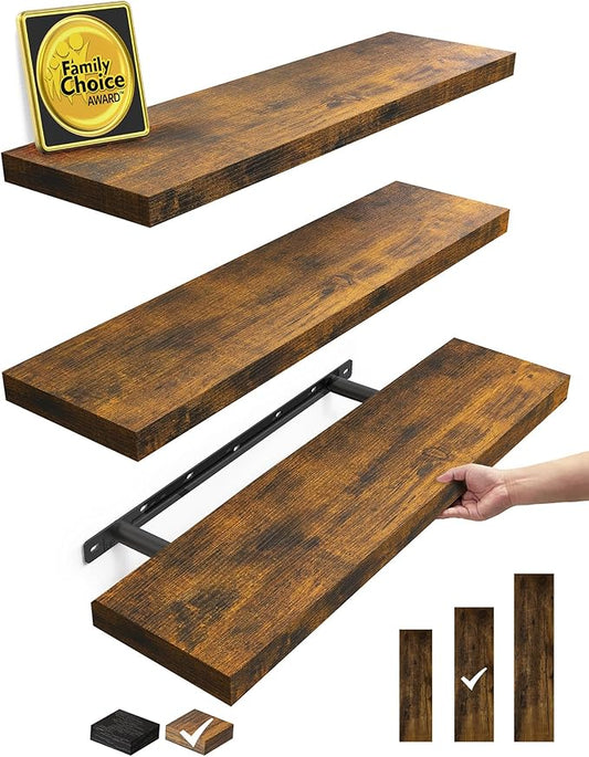 BAYKA Floating Shelves for Wall, 22.5 inches Wall Mounted Rustic Wood Shelves for Bathroom, Bedroom, Living Room, Floating Shelves for Books/Storage/Decor(Rustic Brown,Set of 3)-Ruum Studio Home