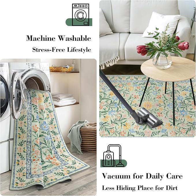 Wonnitar Washable Floral 6x9 Rug, Soft Green Area Rug Boho Non Slip Dining Room Carpet, Non-Shedding Flower Floor Carpets for Kids Bedroom Living Room Dorm Playroom-Ruum Studio Home