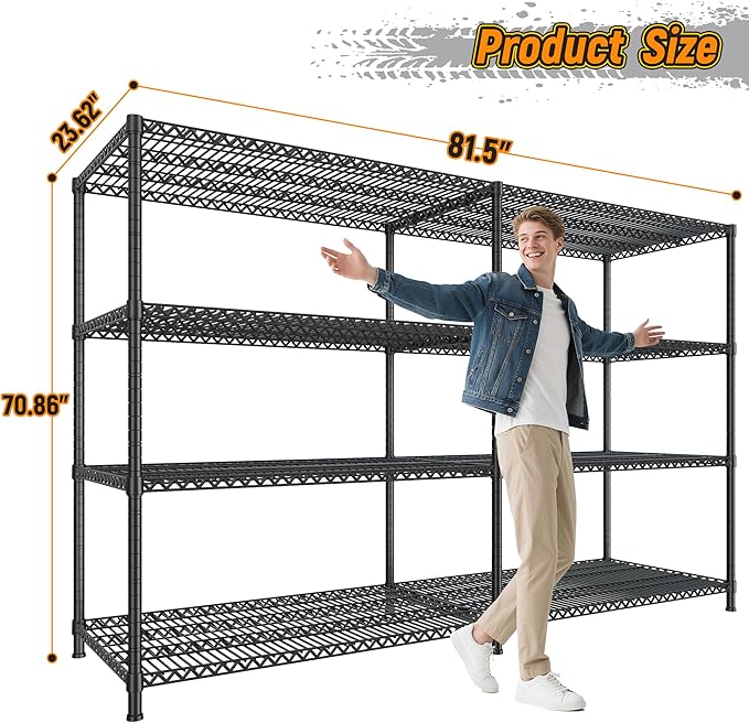 REIBII 81.5''W Storage Shelves 3680LBS Garage Shelving Heavy Duty 4 Tier Metal Shelving Unit Adjustable Wire Shelf and Storage Pantry Shelves for Kitchen Garage，81.5Wx23.62Dx70.86H，Black-Ruum Studio Home