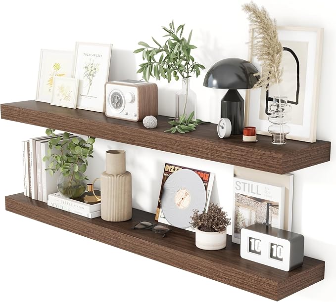 Heimlove 48 Inch Floating Shelves for Wall 8 Inch Deep Walnut Shelves Set of 2,Wall Mounted Rustic Wood Long Floating Shelf，Large Display & Storage Shelf with Invisible Brackets-Ruum Studio Home