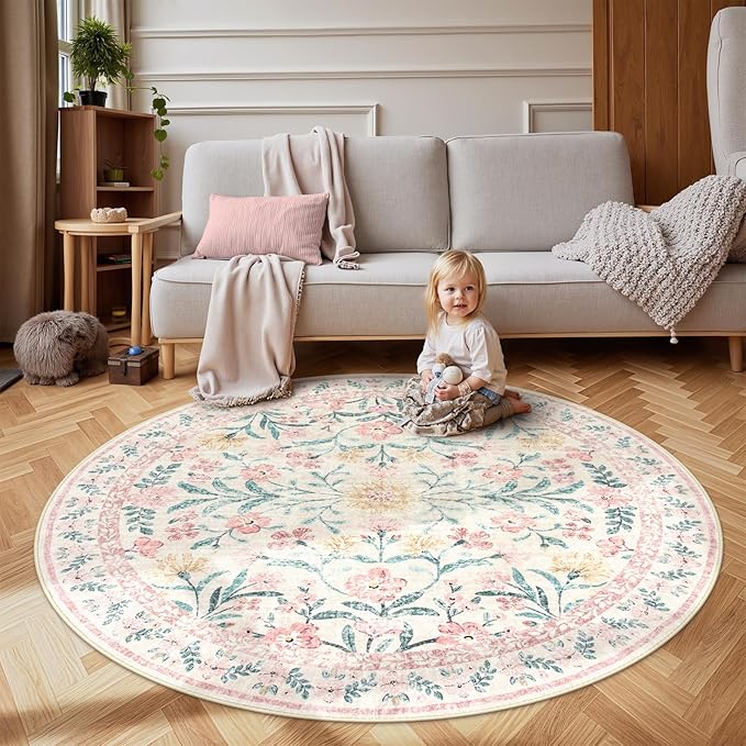 Wonnitar Washable Round Rugs 6ft, Pink Floral Circle Rug Large Round Carpet for Bedroom, Boho Soft Ultra-Thin Circular Carpets for Kids Playroom Living Room Nursery-Ruum Studio Home