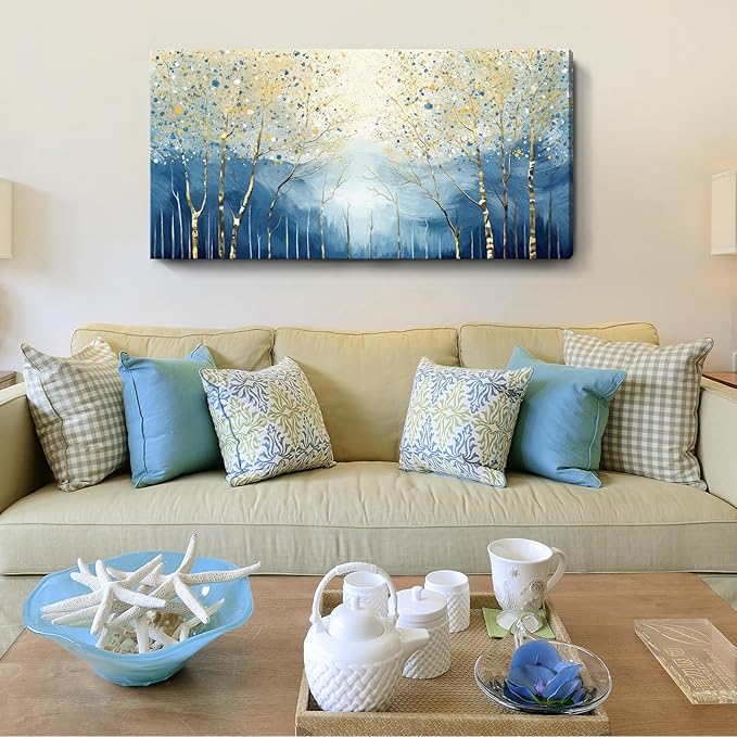 amatop Large Abstract Wall Art for Living Room Modern Tree of Life Canvas Art Print Nature-Inspired Navy Blue Wall Decor Landcape Artwork Birch Forest Picture Bedroom Office Dining Entryway 48x24 Inch-Ruum Studio Home
