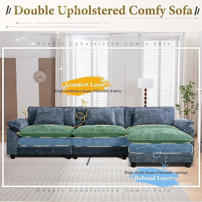 URRED Modular Sectional Sofa Comfy Cloud Couch, Modern Chenille Sofa Sleeper Deep Seat Couches with Ottoman/Pillows for Living Room (Blue, 117''- L Shape)-Ruum Studio Home