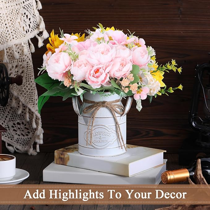 6 Inch Farmhouse Vase Decor Milk Can Vintage Flower Jug Galvanized Metal Vase with Handle Rustic Flower Buckets for Thanksgiving Christmas Table Centerpiece Weddings Gifts(Retro White,2 Pcs)-Ruum Studio Home