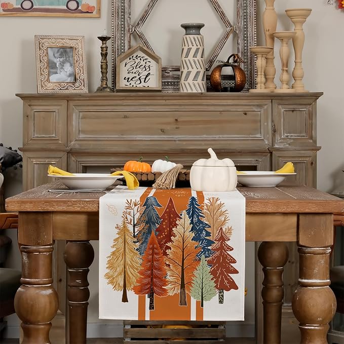 GEEORY Fall Watercolor Trees & Maple Leaves Striped Table Runner 13x48 Inch, Rustic Farmhouse Autumn Thanksgiving Decor for Kitchen, Dining, Indoor/Outdoor Holiday Dinner Party Orange GT157-48-Ruum Studio Home