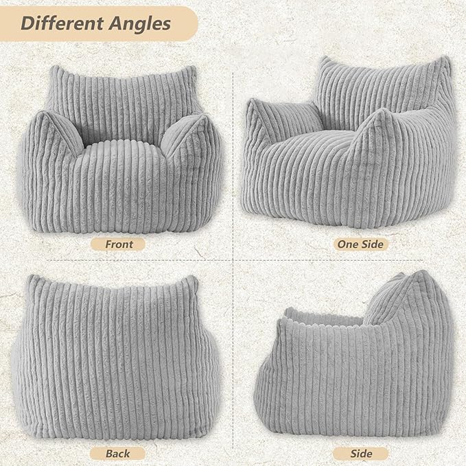 Giant Bean Bag Chairs for Adults Teens, Large Bean Bag Sofa Chairs with Filling Comfy Fuzzy BeanBag Chair with Armrests for Bedroom Living Room Reading (Light Gray, Large)-Ruum Studio Home