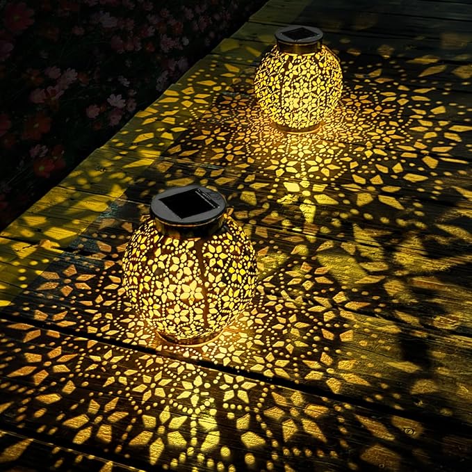 2 Pack Outdoor Solar Lantern Lights, Waterproof Tabletop LED Moroccan Lanterns, Hanging Metal Decorative Garden Lights for Patio, Lawn, Porch, Backyard-Ruum Studio Home