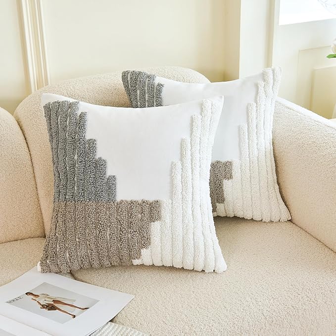 HOdo Home 18x18 Throw Pillow Covers, 2PCS Tufted Boho Jacquard Pillow Covers,Farmhouse Decorative Pillow Cover,Pillow Cases for Couch Sofa Bed Stylish Decor, Simple Textured Cushion Sham-Ruum Studio Home