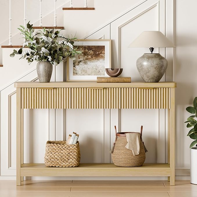 Lulive 51" Fluted Console Table for Entryway, Entryway Table with 3 Wooden Drawers, Farmhouse Behind Sofa Table for Living Room, Hallway, Couch, Foyer-Ruum Studio Home