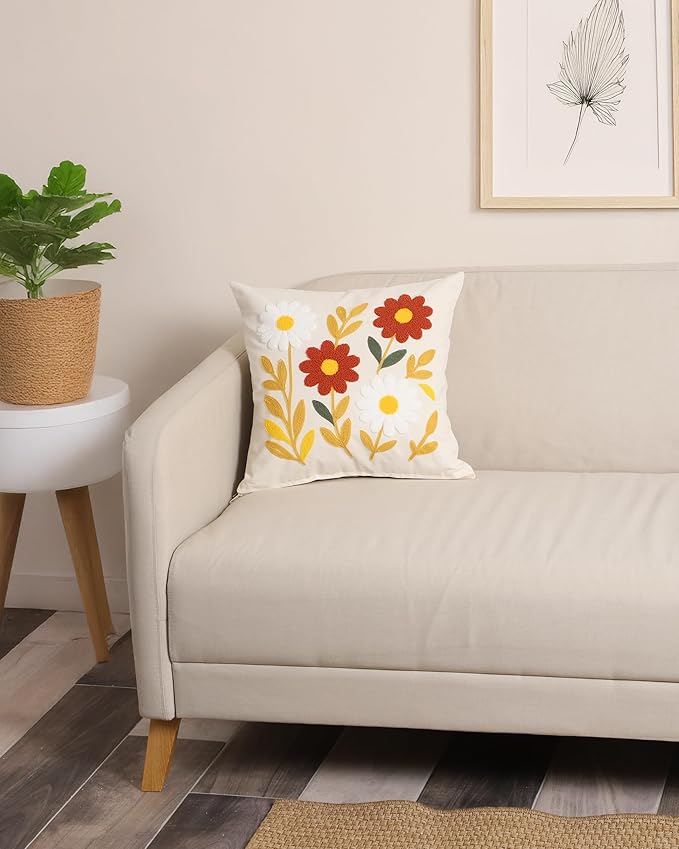 Throw Pillow Cover with Sunflower Embroidery – 18x18 inch Handmade Punch Needle Cushion – 100% Cotton Decorative Pillow for Couch, Bed or Living Room – Boho Floral Home Decor-Ruum Studio Home