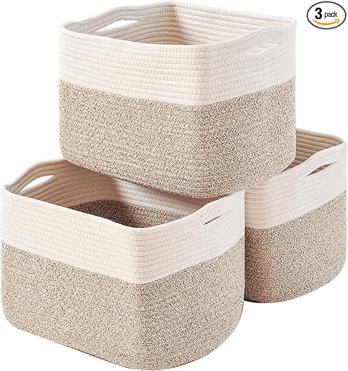 Storage Baskets for Organizing, Woven Cotton Rope Basket for Storage Books, Baby Organizing Baskets, Toy Storage Basket, 15"x11"x9.5", 3 Packs, Off White & Brown-Ruum Studio Home