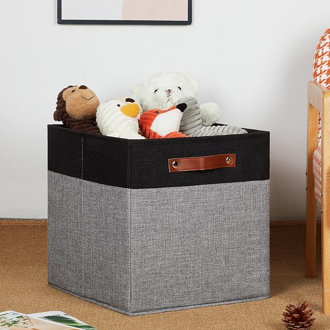 HNZIGE Storage Baskets for Organizing, Set of 4, Square Fabric Storage Cubes Bins 13 x 13, Collapsible Black Storage Bins for Shelves, Closets, Nursery, Home, Office (Black&Grey)-Ruum Studio Home