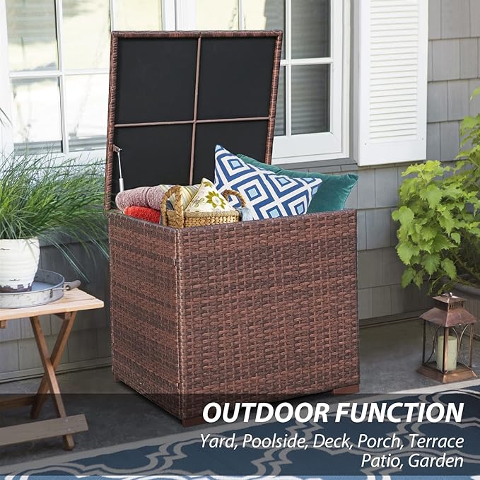 Super Patio Wicker Outdoor Patio Storage Box Waterproof, Rattan Storage Bin Deck Box for Cushions, Garden Tools, 88 Gallon, Brown-Ruum Studio Home