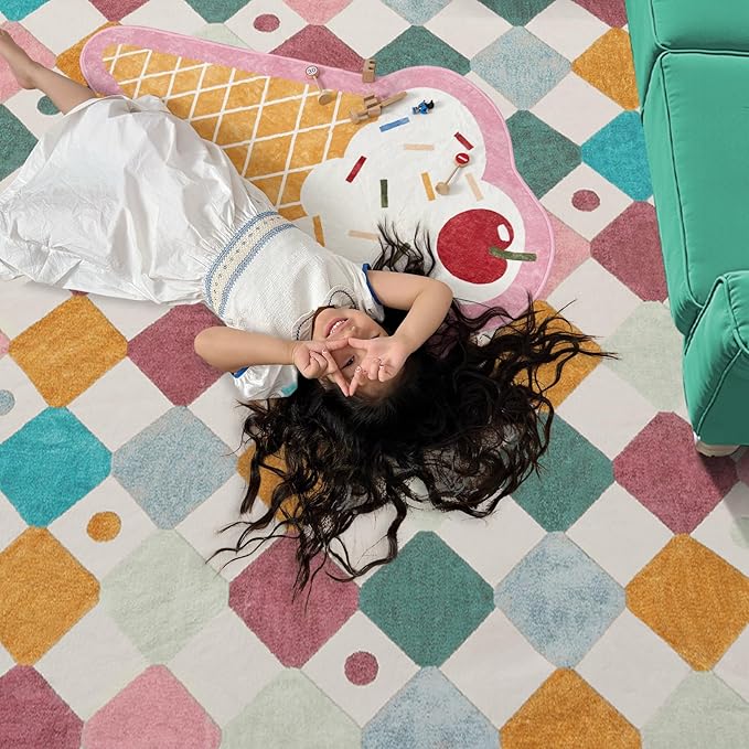 jinchan Round Rug 4ft Kids Washable Rug Indoor Floor Cover Non-Slip Soft Modern Elementary School Classroom Colorful Diamond Carpet for Nursery Daycare Bedroom Playroom Living Room Confetti on Cream-Ruum Studio Home