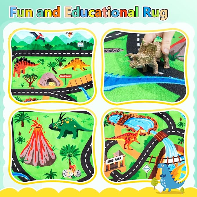 Kids Rug, Car Carpet for Kids' Toy Cars, 3x5 Ft Dinosaur Rug, Dino Safari Road Mat for Playroom, Educational Learning & Game Area Baby Play Mat Carpet for Children-Ruum Studio Home