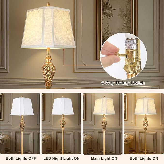 Vintage Farmhouse Floor Lamp with Nightlight, 65" Tall Standing Lamp with White Linen Fabric Shade, Antique Gold Finish, Elegant Reading Corner Light for Living Room, Bedroom, Office (Bulb Included)-Ruum Studio Home