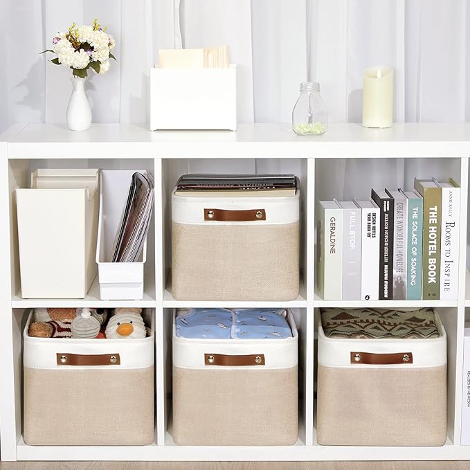 DULLEMELO Fabric Storage Bins for Laundry, Home, Foldable Storage Baskets for Shelves, Toys, Collapsible Storage Bins for Office, Closet,Bedroom(White&Khaki,15"x11"x9.5",4-Pack)-Ruum Studio Home