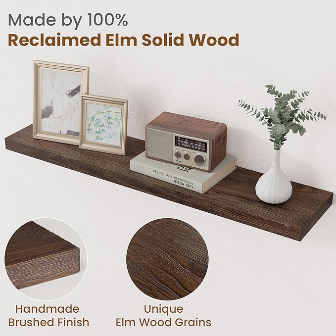 Floating Shelves for Wall Decor, 8 Inch Deep Rustic Solid Elm Wood Floating Shelves Wall Mounted, Wall Shelves with Invisible Bracket for Living Room Bathroom Bedroom Kitchen, 36 Inch Set of 2, Walnut-Ruum Studio Home