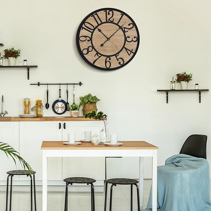 Large Wall Clock for Living Room Decor - Non-Ticking, Battery Operated Modern Vintage Wood Clock for Bedroom, Kitchen, Farmhouse, Office - Oversized Decorative Silent Clock-Ruum Studio Home