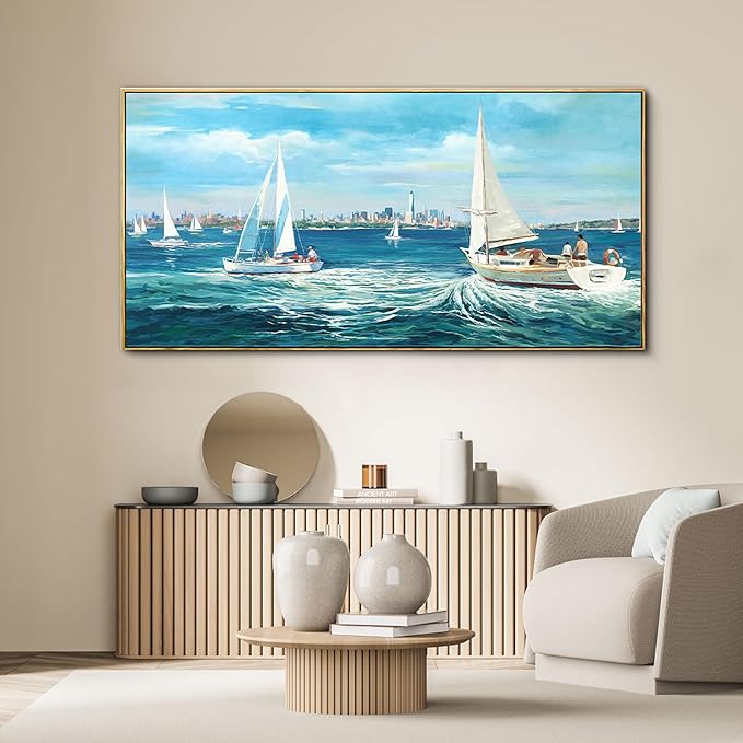 XLSJERST Large Blue Canvas Wall Art Seascape Painting - Landscape Picture Textured Navy Modern Sailboat Ocean Artwork Framed for Living Room Bedroom Bathroom Home Office Wall Decor Large Size 24"x48"-Ruum Studio Home