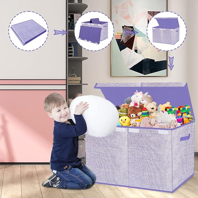 Toy Storage Bins,Large Toy Box Chest with Lids,Foldable Stuffed Animal Toy Organizers and Storage with Sturdy Handles for Kids,Girls,Boys,Nursery,Playroom 24.5"x13"x16" (Purple)-Ruum Studio Home