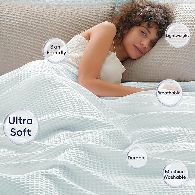 PHF Ultra Soft Waffle Weave Blanket King Size 104"x 90"- Washed Lightweight Breathable Cozy Woven Blanket for Bed - Aesthetic Decor for Couch Bedding Sofa Home Car - Ice Blue-Ruum Studio Home