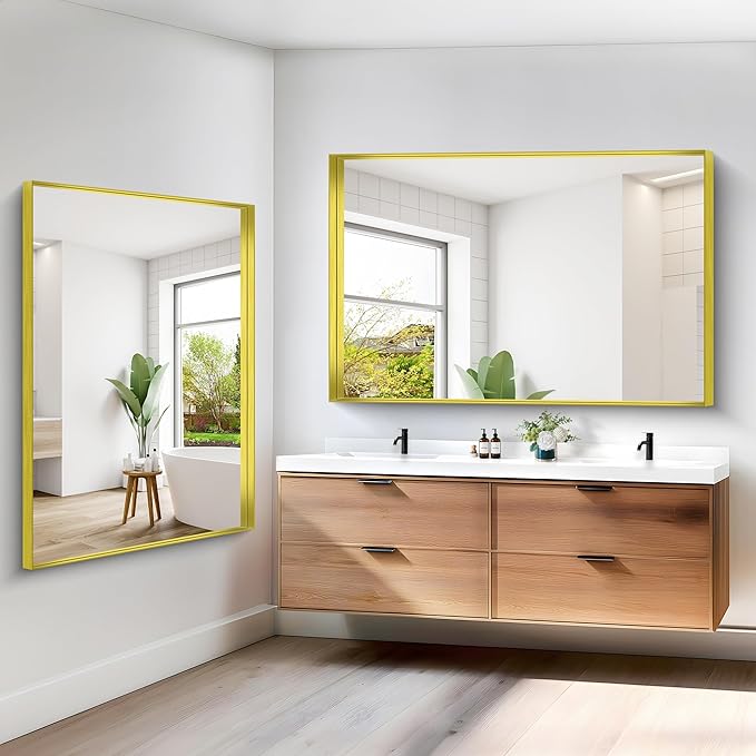 Gold Bathroom Mirror, 60x40 Inch Rectangular Framed Mirror, Large Wall Mounted Bathroom Vanity Mirror Over Sink for Bedroom,Restroom, Living Room, Hangs Vertically or Horizontally-Ruum Studio Home