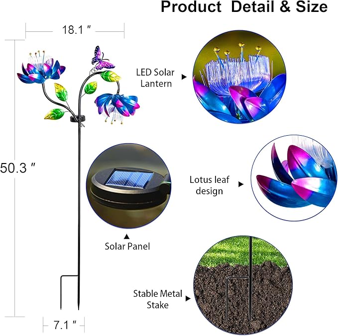 50'' Solar Powered Kinetic Wind Spinner Sculpture Blue Lotus Metal Stake Spinner for Patio, Lawn and Garden Decor Weather Resistant Outdoor Art with Dual Lotus with Butterfly Design-Ruum Studio Home