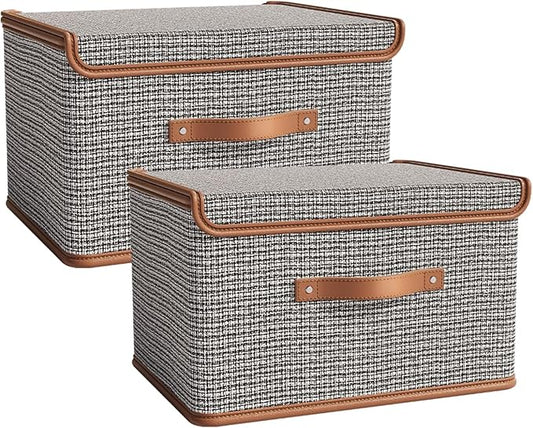 Tuza 2 Pack Storage Bins with Lids, Collapsible Closet Organizer Container, Fabric Organizer Box with Handles, Decorative Storage Boxes with Lids for Organizing Clothes, Sheet, Light Grey, Extra Large-Ruum Studio Home