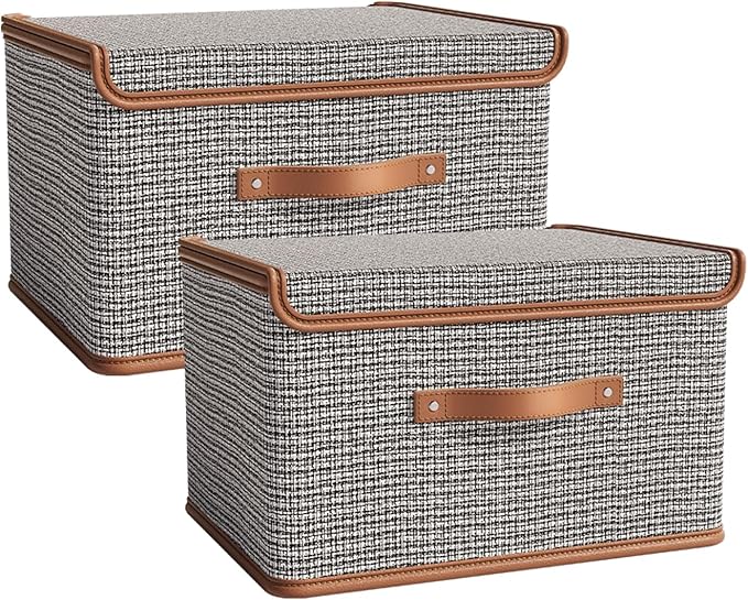 Tuza 2 Pack Storage Bins with Lids, Collapsible Closet Organizer Container, Fabric Organizer Box with Handles, Decorative Storage Boxes with Lids for Organizing Clothes, Books, Light Grey, Large-Ruum Studio Home