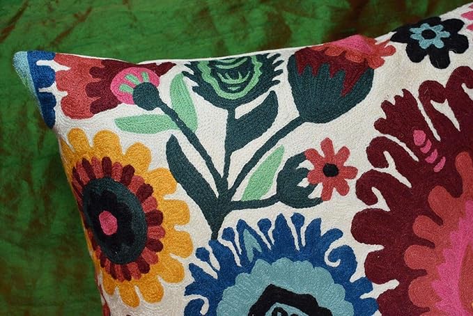 Polish Floral Decorative Pillow Cover Hand Embroidered Cream Flower Pillowcase White Botanical Traditional Outdoor Cushion Suzani Chair Pillowsham Couch Wool 18x18 Inch-Ruum Studio Home