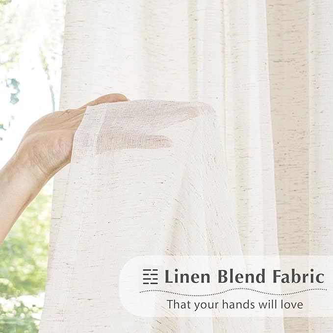 FMFUNCTEX Linen Sheer Pinch Pleated Curtains for Living Room, Linen Flax Beige 96 Inches Long Sheer Curtain Panels for Bedroom, Natural Back Tab Window Drapes for Farmhouse, Rod Pocket 2 Panels-Ruum Studio Home