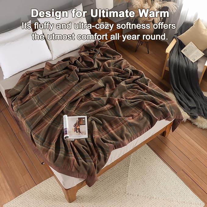 YOUR MOON 100% Pure Merino Wool King Size, Australian Organic Natural Wool Blanket, Hypoallergenic Wool Blanket for Bed, Medium Weight(Plaid Brown, 90 * 108)-Ruum Studio Home
