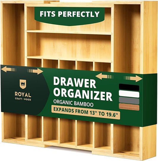 ROYAL CRAFT WOOD Luxury Bamboo Kitchen Drawer Organizer - Silverware Organizer, Utensil Holder & Cutlery Tray Drawer Dividers for Flatware (9 Slot, Natural)-Ruum Studio Home