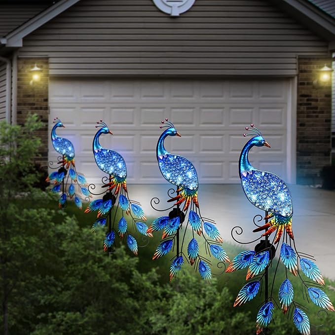 TERESA'S COLLECTIONS Garden Decor Blue Peacock with Solar Outdoor Lights, 40" Glass Yard Art for Outside, Decorative Metal Stake Outdoor Decor for Lawn Decorations, Patio, Gifts for Mom-Ruum Studio Home