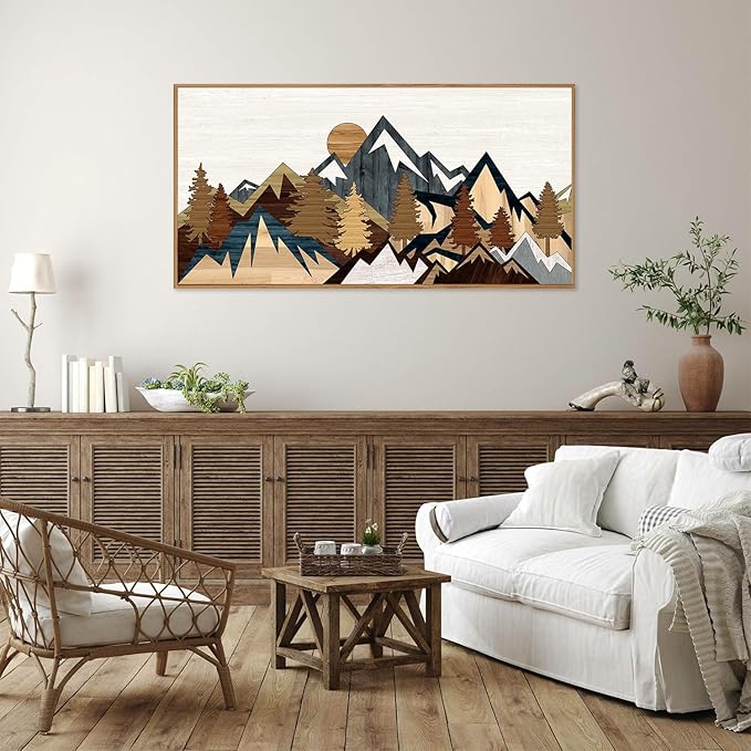 SIGNINART Large Mountain Framed Canvas Wall Art, Boho Sunrise Wilderness Wall Decor, Vintage Forest Nature Artwork, Modern Farmhouse Woodcut Style Art Prints for Living Room Bedroom, Office 20"x40"-Ruum Studio Home