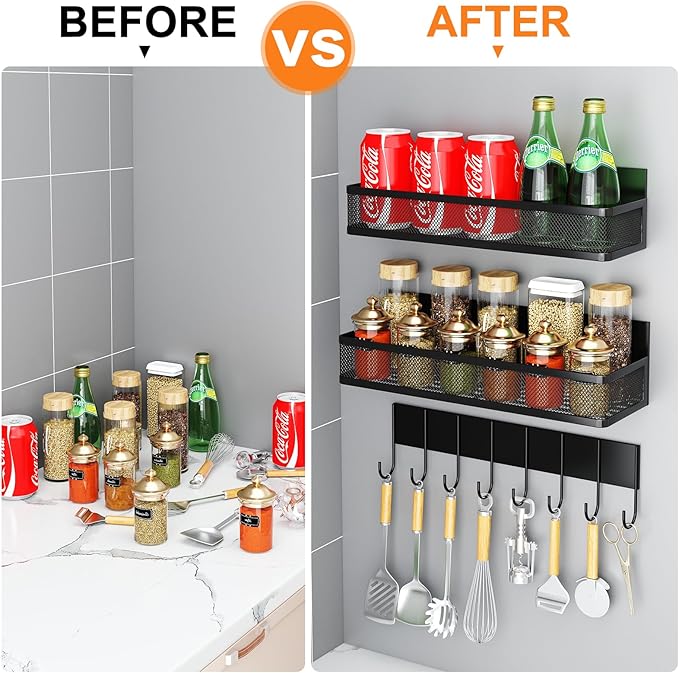 Magnetic Spice Rack for Refrigerator, 3 Pack Magnetic Shelf, Moveable Fridge Organizer with 8-Hook Rack, Seasoning Organizer for Kitchen-Ruum Studio Home