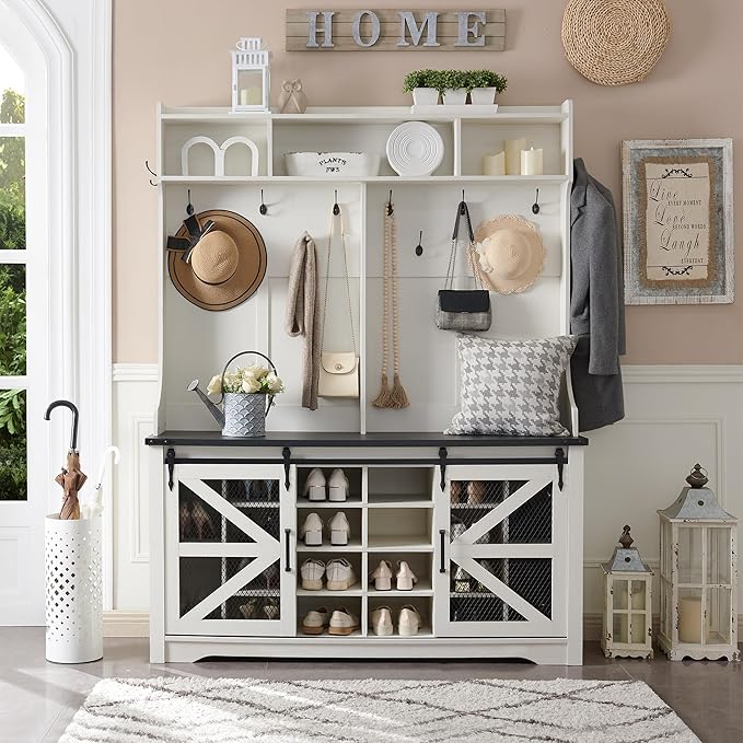 JXQTLINGMU 59" Farmhouse Hall Tree with Shoe Storage, Entryway Bench with 20 Cubbies, 12 Hooks & Sliding Barn Doors, Mudroom Coat Rack Cabinet, Off White-Ruum Studio Home