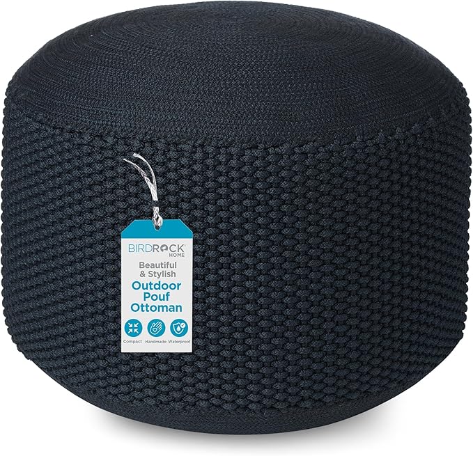 BIRDROCK HOME Outdoor Pouf Ottoman | Hand Woven Waterproof Foot Stool with Bead Bag Filling | Boho Foot Rest for Patio, Living Room, Porch & Outdoor Seating | Lightweight, Soft Stuffed Chair | Navy-Ruum Studio Home