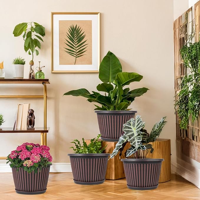10 Inch Planter-Pots-for-Plants-Indoor-Outdoor, 4 Pack Plastic Flower Pots with Saucer & Drainage Holes, Modern Decorative Resin Garden Pots-Ruum Studio Home