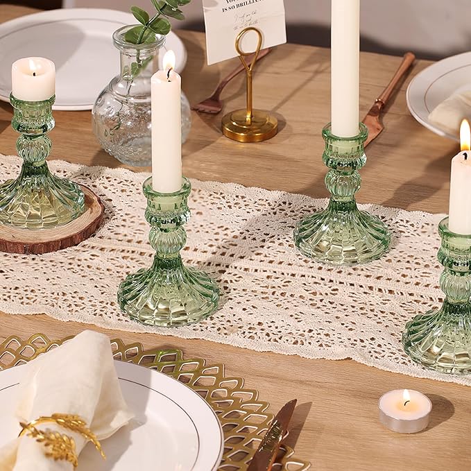 12PCS Green Candlestick Holders Set- 4" H Taper Candle Holders, Glass Candle Holders Bulk for Wedding, Party, Home Table Centerpieces, Festival Gifts & Windowsill Decor-Ruum Studio Home