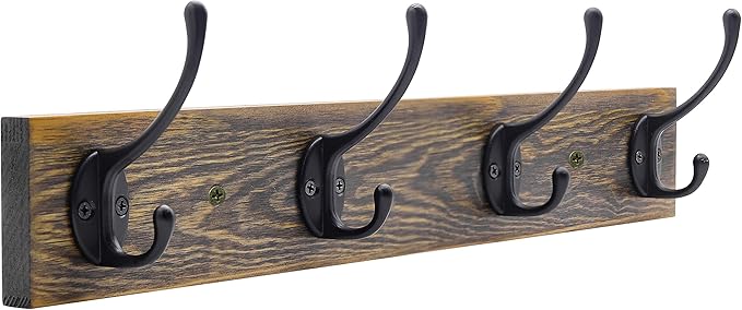 IBosins Wall Mounted Coat Rack, Entryway Hanging , Metal Wood Rack with 4 Black Literary Rustic Hooks Rail for Scarf, Bag, Towel, Key, Cap, Cup, Hat (Brown)-Ruum Studio Home