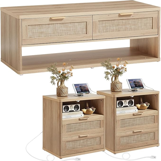 LEYAOYAO Boho Rattan Coffee Table and End Table Sets, 48" Wide Center Tables & 23" Night Stand with Charging Station Chest of Drawers, Natural Wood Coffee Table for Living Room 3 Piece Set-Ruum Studio Home