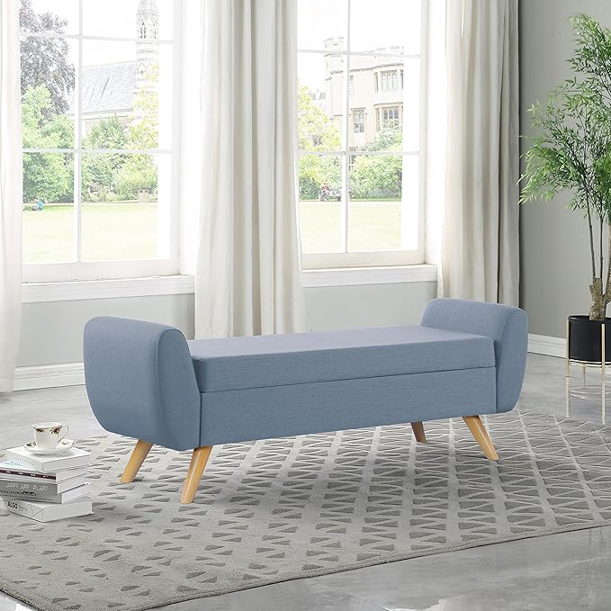 HomePop Modern Storage Bench with Wood Legs |Homepop Home Décor|Bench with Storage for Living Room & Bedroom - French Blue Woven-Ruum Studio Home