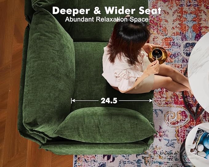 Oversized Loveseat Sofa, Modern Modular Sectional Couch Green Fluffy Chenille Mid Century 2-Seat 24.5" Deep Seat for Apartment, Living Room, Bedroom-Ruum Studio Home
