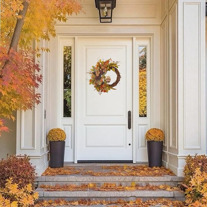 Fall Owl Wreath for Front Door 24 Inch, Autumn Natural Pine Cones Faux Eucalyptus Magnolia Leaf Berry Wreath, Fall Decor for Home Farmhouse Door Wall Window Porch Indoor/Outdoor-Ruum Studio Home