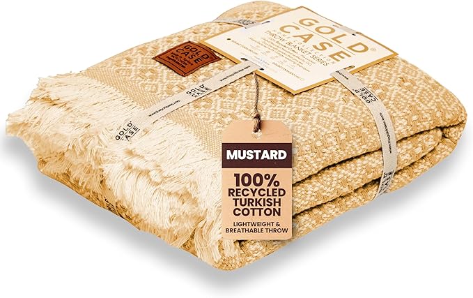 Gold Case Throw Blanket for Couch – 100% Recycled Turkish Cotton Blankets & Throws – Elegant Decorative Throw Blankets for Living Room Sofa – Woven Throws for Couch – Retro Mustard – 50x60-Ruum Studio Home